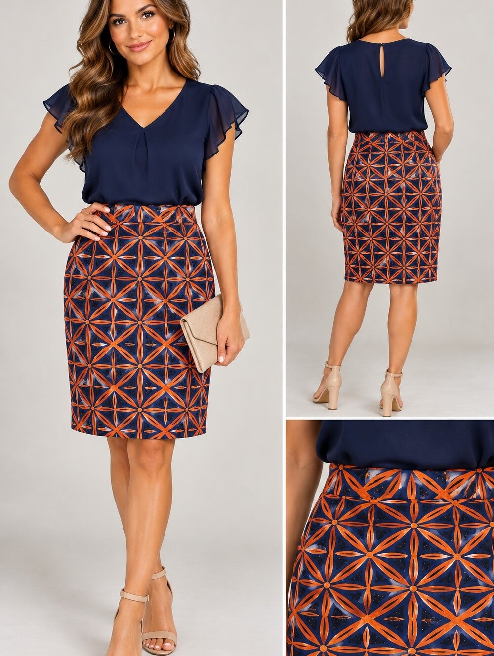 LuLaRoe Jill Skirt Jill Geometric Pleated Midi Skirt Blue & Orange XL
